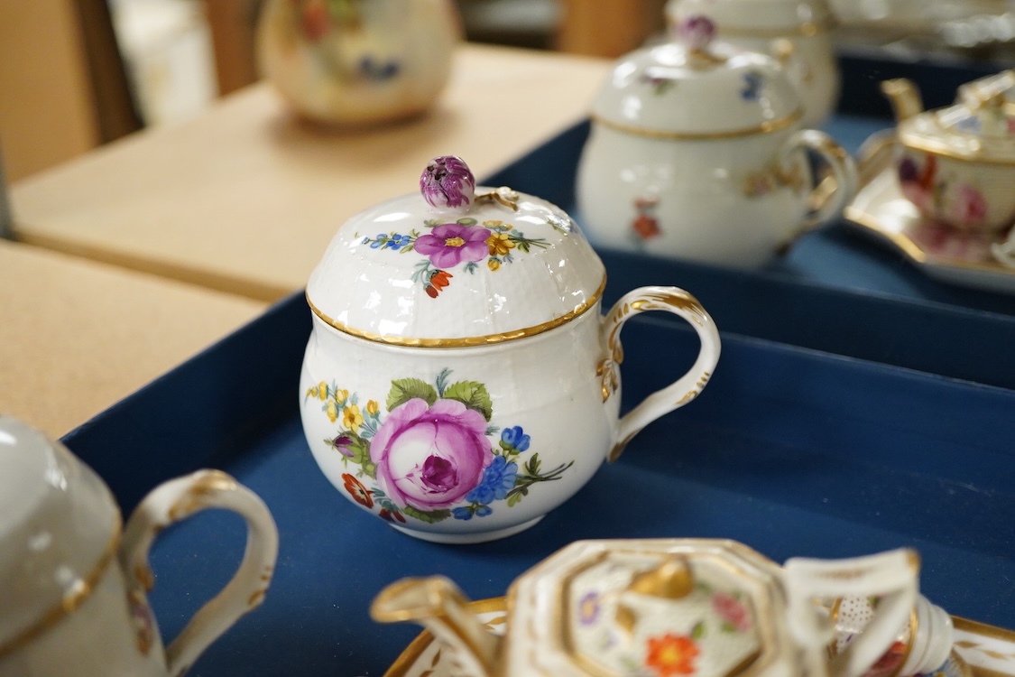 A pair of Meissen Marcolini period floral custard cups & covers together with an early 19th century English porcelain miniature tea set on tray, largest 20cm wide